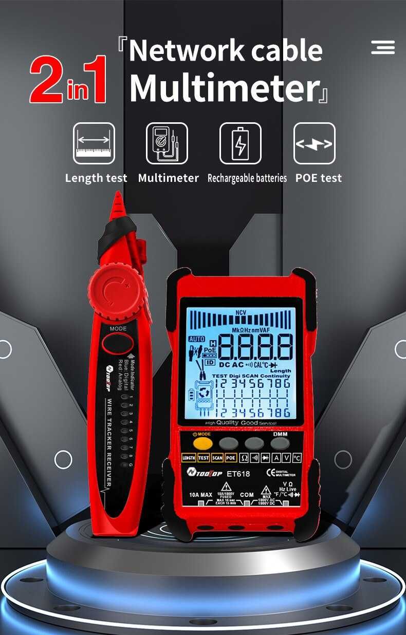 Tester rețea data/electric, multimetru, acumulator