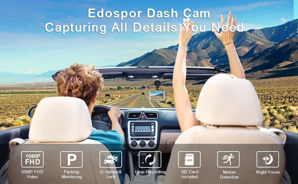 Високоскоростна камера Edospor Dash Cam за автомобили + 64G SD карта