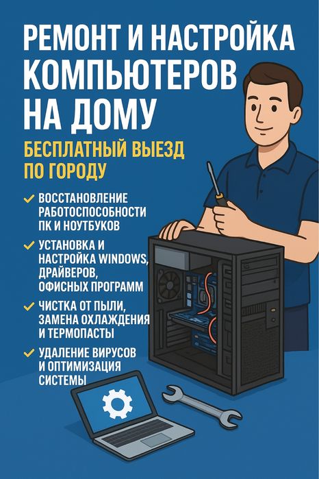 ремонт компьютеров и ноутбуков 24/7 с бесплатным выездом по городу.