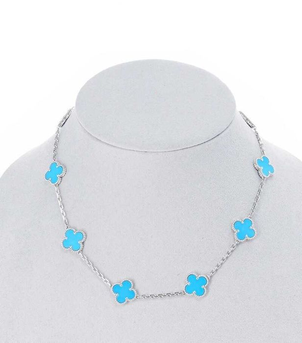 Van Cleef & Arpels VCA Silver Turquoise 10 Motif Alhambra Дамско Колие