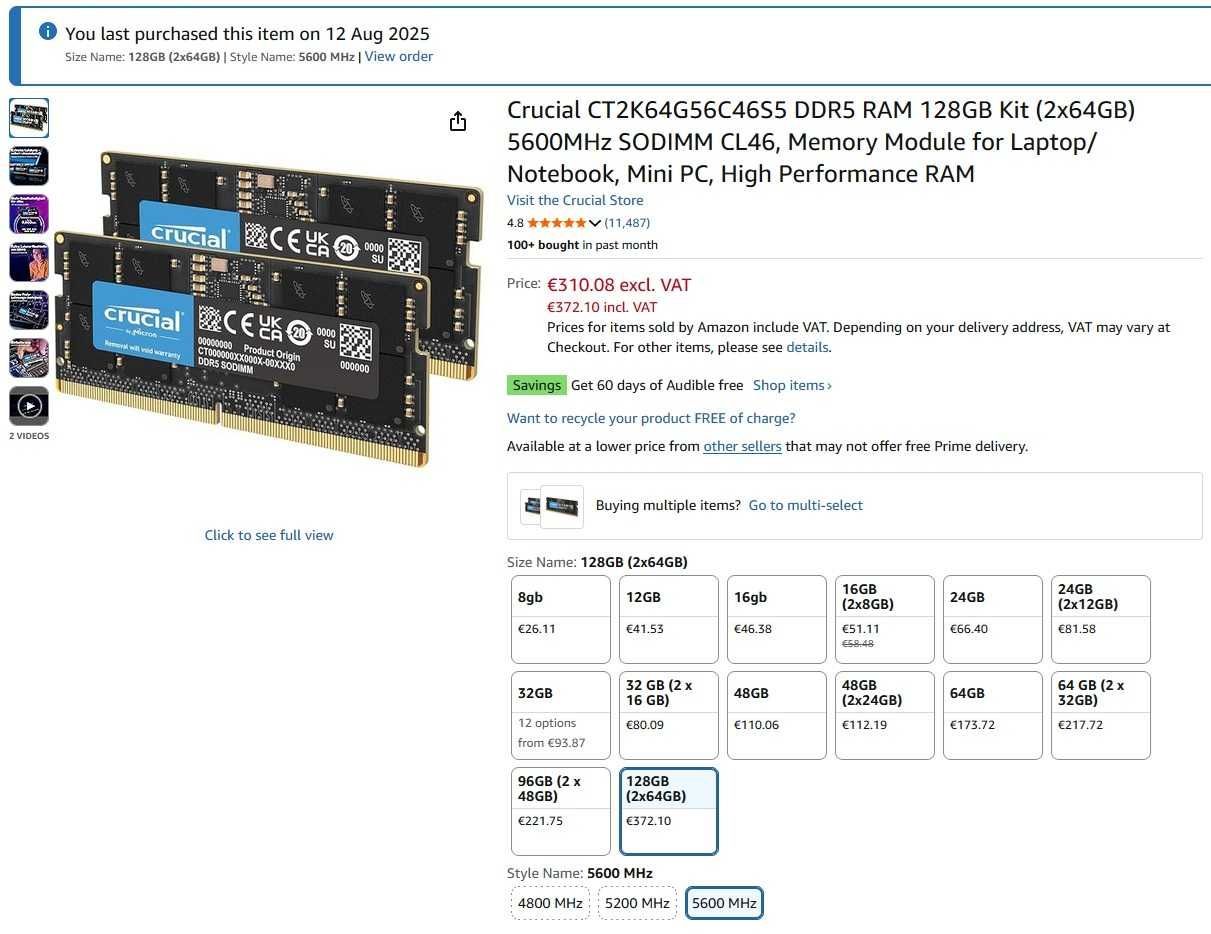 Crucial DDR5 RAM 128GB 5600MHz SODIMM (2 броя от 64GB)