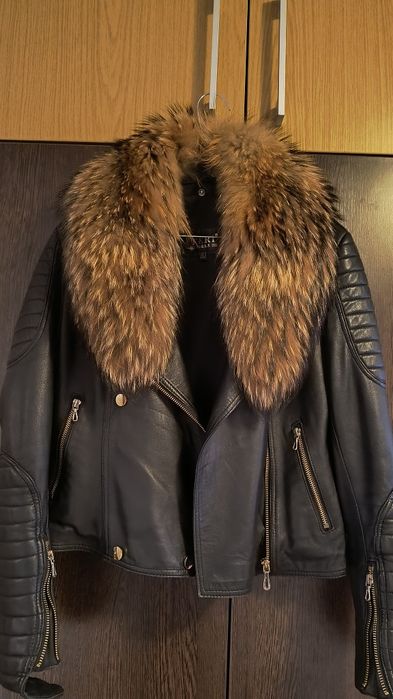 Geaca piele cu guler vulpe detasabil