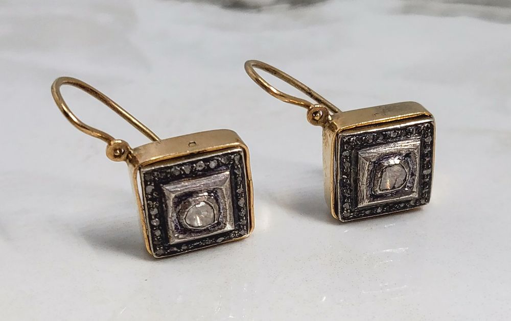 Cercei vintage din aur de 14K cu diamante polki țintuite în argint