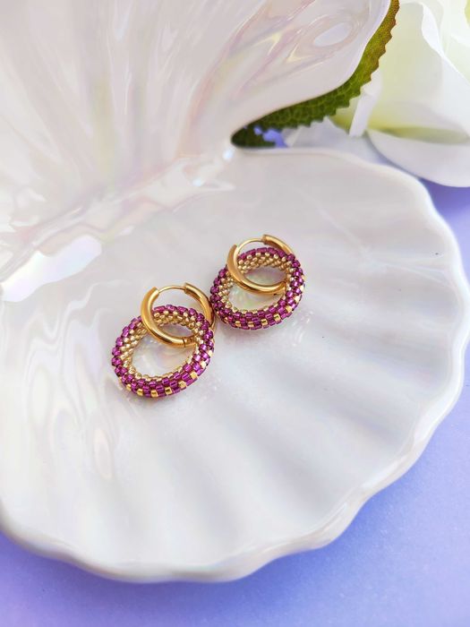 Ръчно изработени обеци халки с висулка от Японски мъниста, Стомана