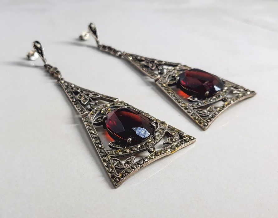 Cercei vintage din argint 925 cu granate naturale și marcasite