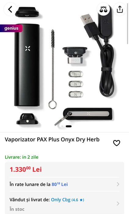 Fane Amanet: kit Vaporizator PAX Plus Onyx Dry Herb Nou