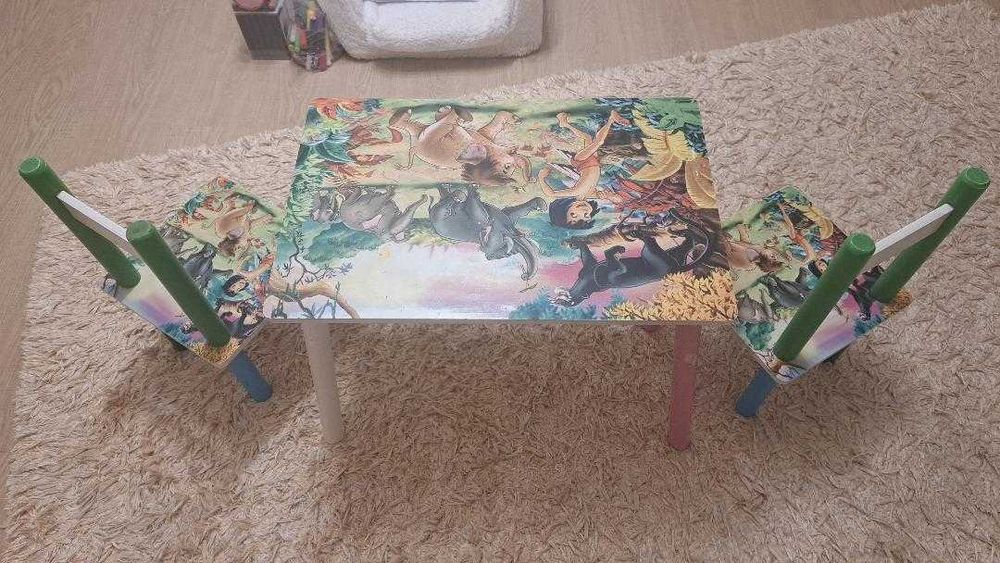Masuta copii Cartea Junglei Mowgli, cu 2 scaunele MDF si lemn