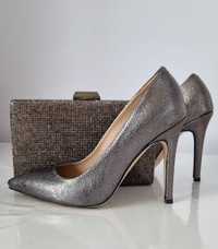 Официални обувки и чантичка в сиво графитен цвят