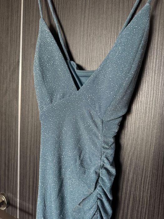 Официална бляскава синя дълга рокля