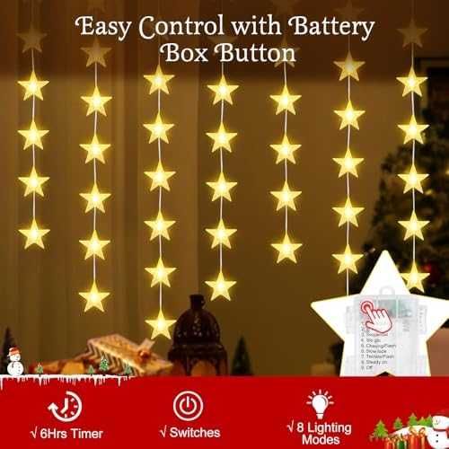 Нови 6 броя Коледни LED светлини звезди 8 режима таймер топла светлина