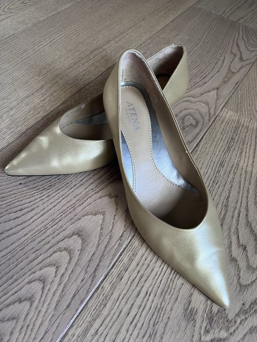 Pantofi aurii piele naturală, toc mic elegant (ATENA, mărimea 40)