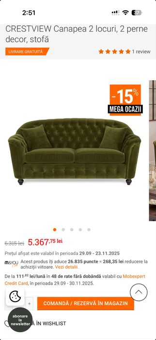 Canapea 2 locuri, 2 perne decor,stofa Mobexpert