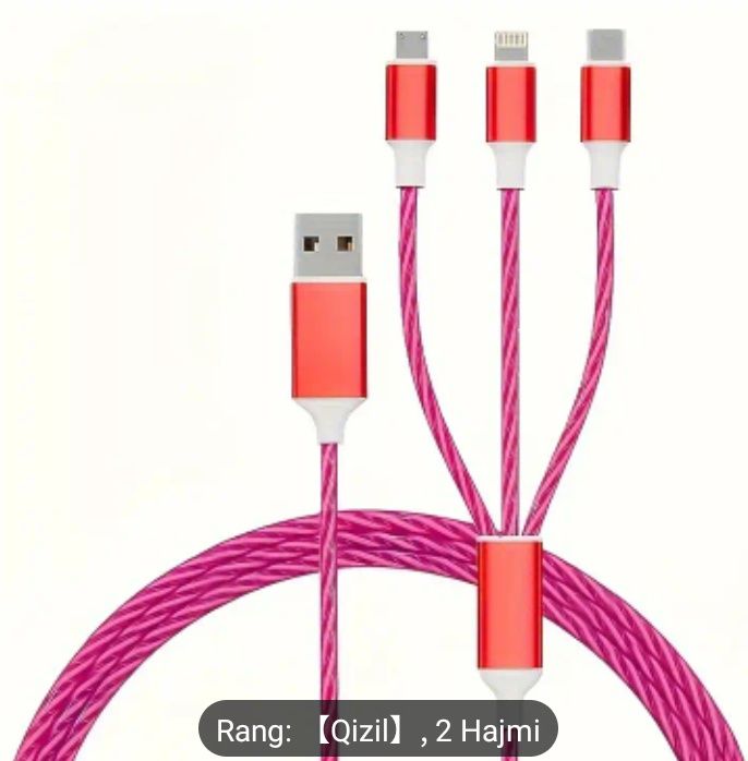 OLISHEN 3-in-1 USB kabeli, 12W zaryadlovchi, 1.2m/2m, iPhone Type C