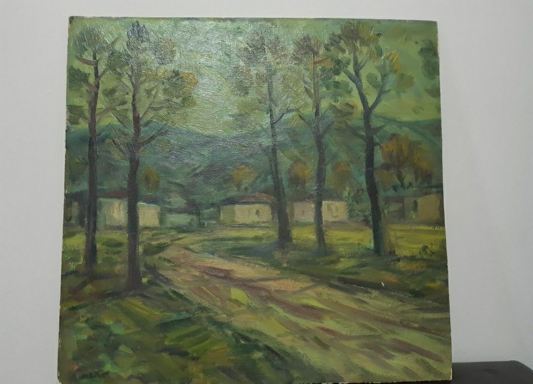 ''Къщи в гората'' маслена картина на художника Николай Илиев с подпис.