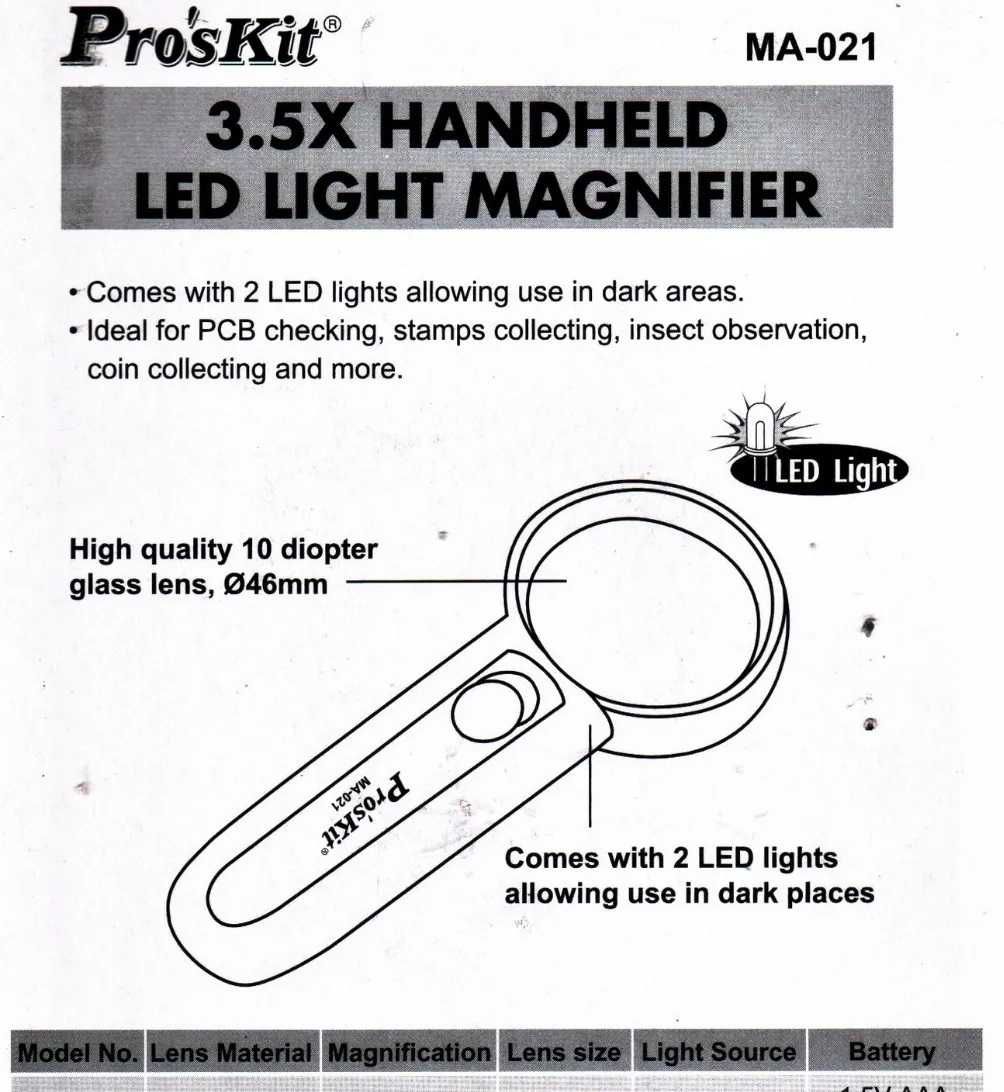 Качествена ръчна лупа PROSKIT с 2xLED лампи , 3.5x, Ф46х140mm