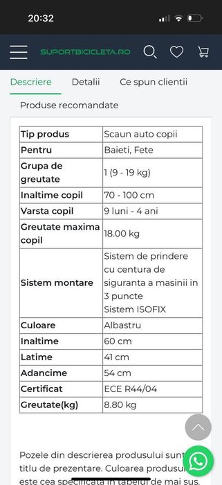 Scaun auto 9-18 kg, ca nou