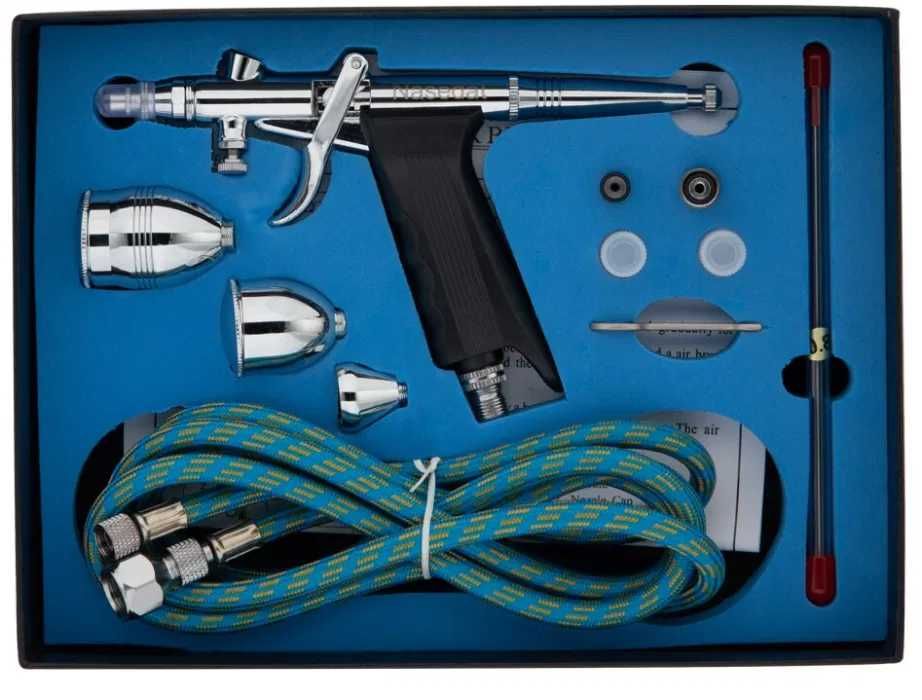 Set aerograf hobby, profi, cu suport palmar, 3 cupe pentru uz