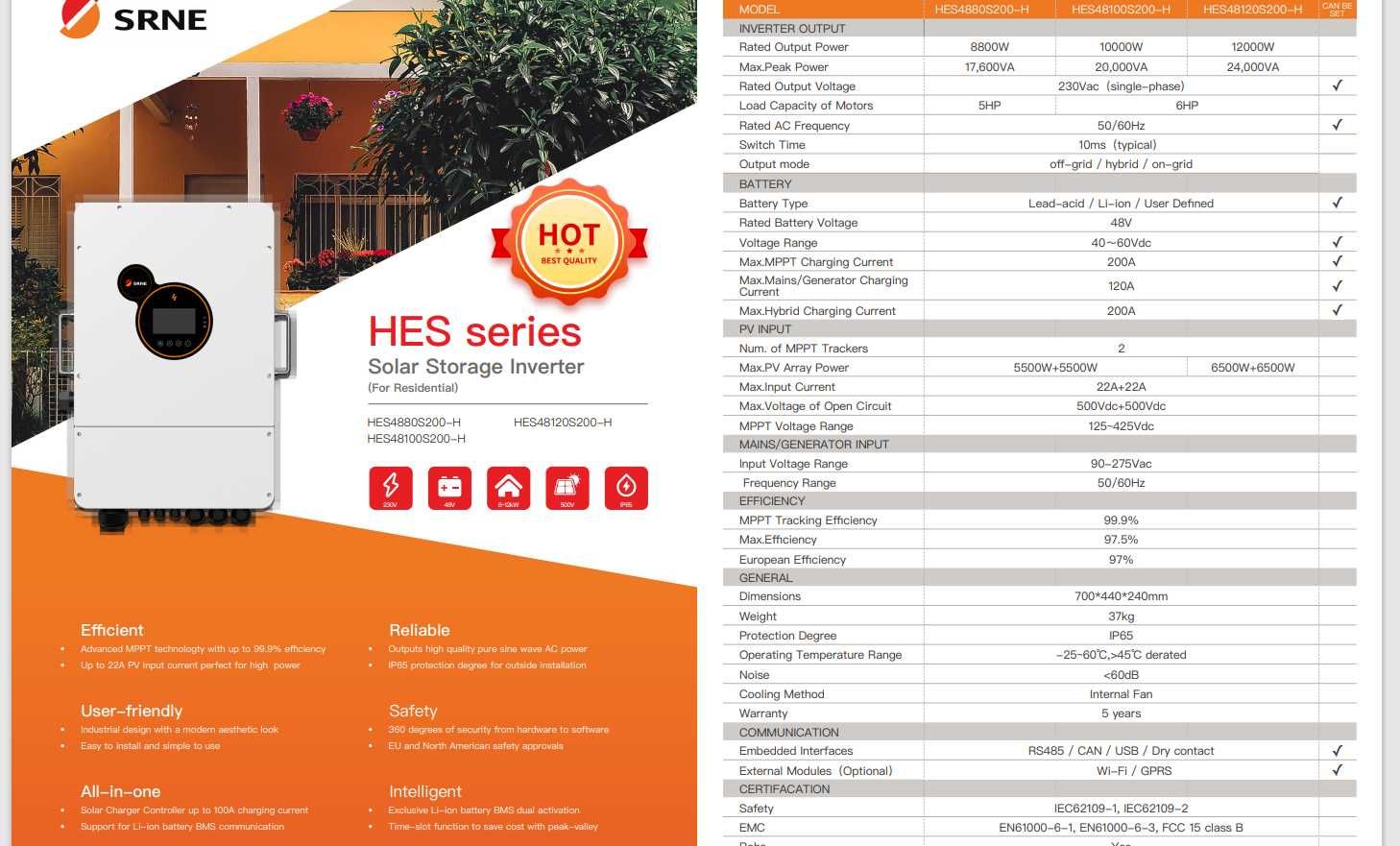 SRNE HES4855-5.5kw IP 65 Хибриден ON/OFF GRID соларен Инвертор