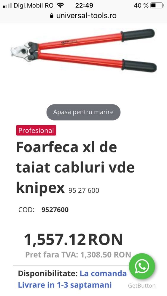 Foarfeca xl de taiat cabluri knipex 95 27 600 noua