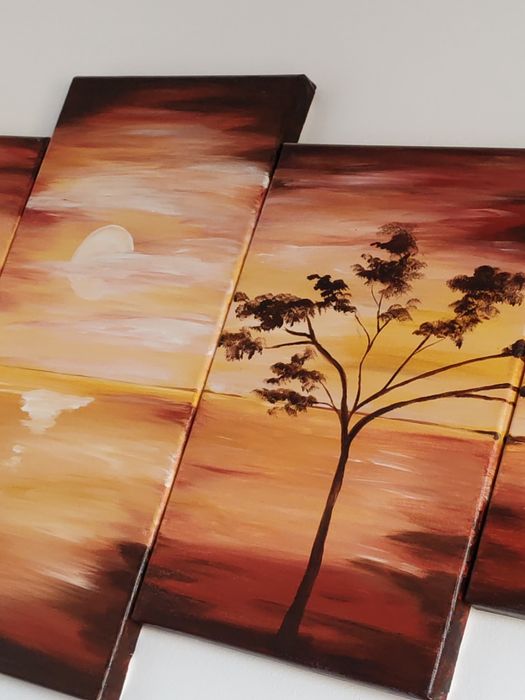 Tablou 5 piese pictat manual Apus în Africa