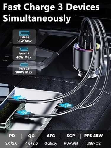 Ново USB C зарядно за кола 175W PD 100W бързо зареждане iPhone лаптопи