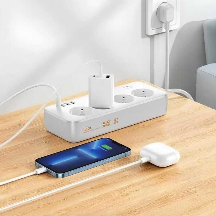 Удлинитель Hoco AC22 4 розетки + 4 USB, 30W PD, 2500W. Есть доставка