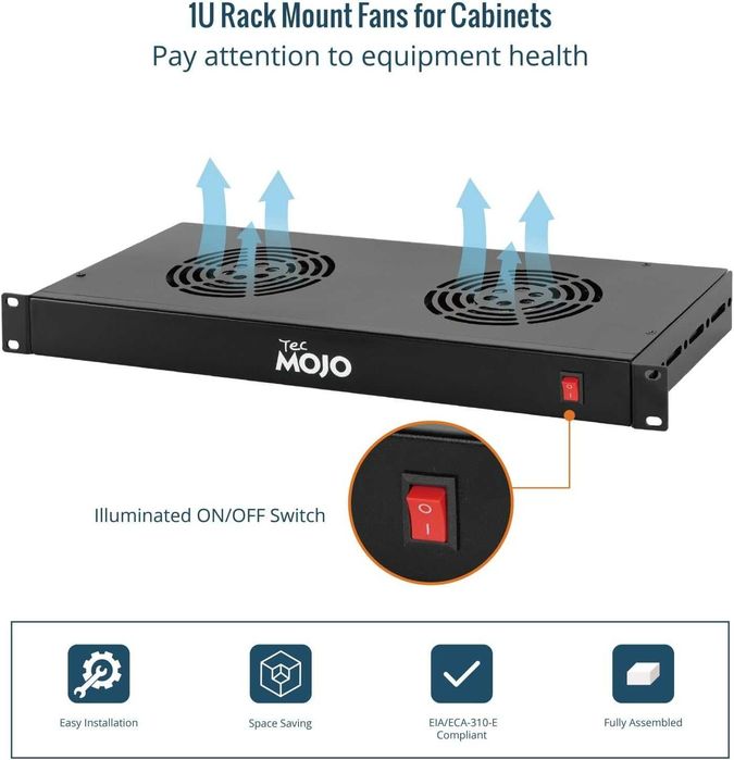 Tecmojo 1U 19'' охлаждащ блок за шкаф с 2 вентилатора