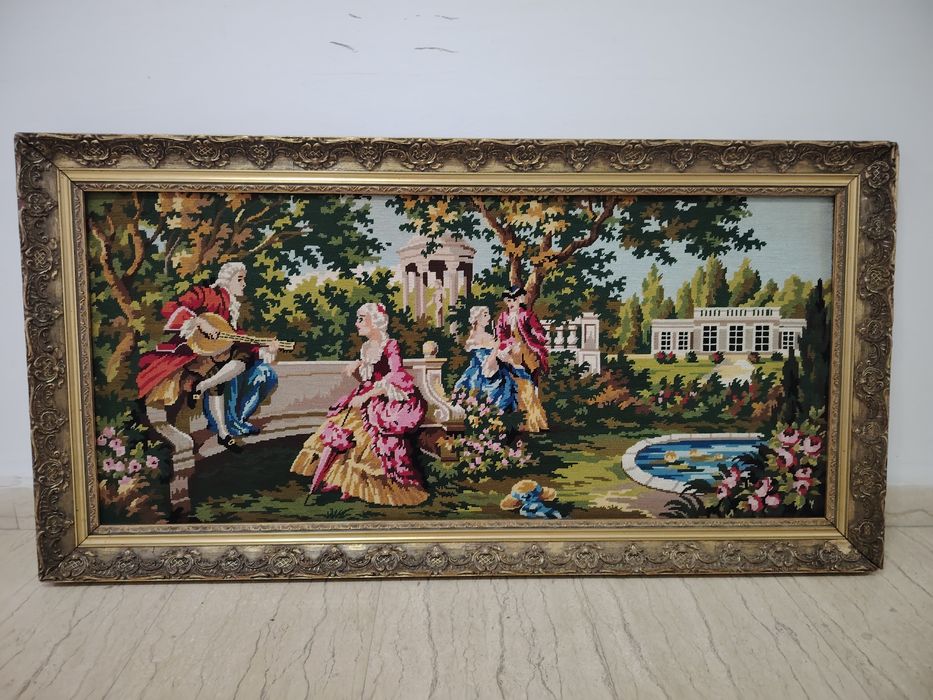 Goblen superb de dimensiuni mari,scena galanta încadrată într-o ra