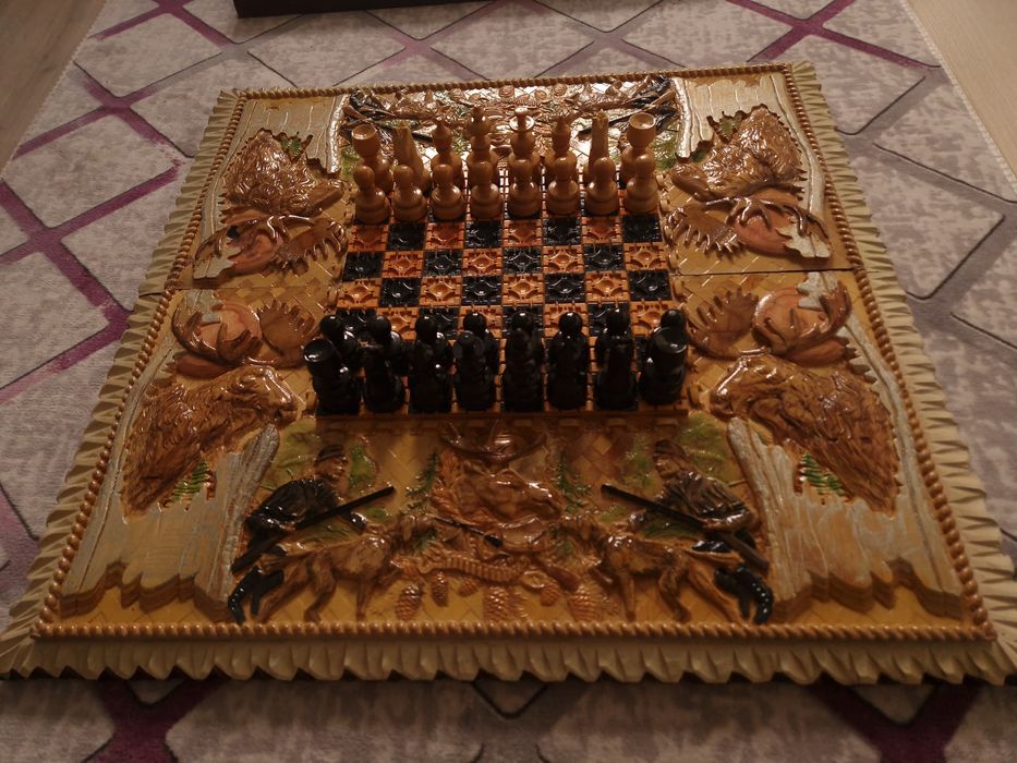 Резная доска 3в1 ручной работы — шахматы, шашки, нарды (натуральное де