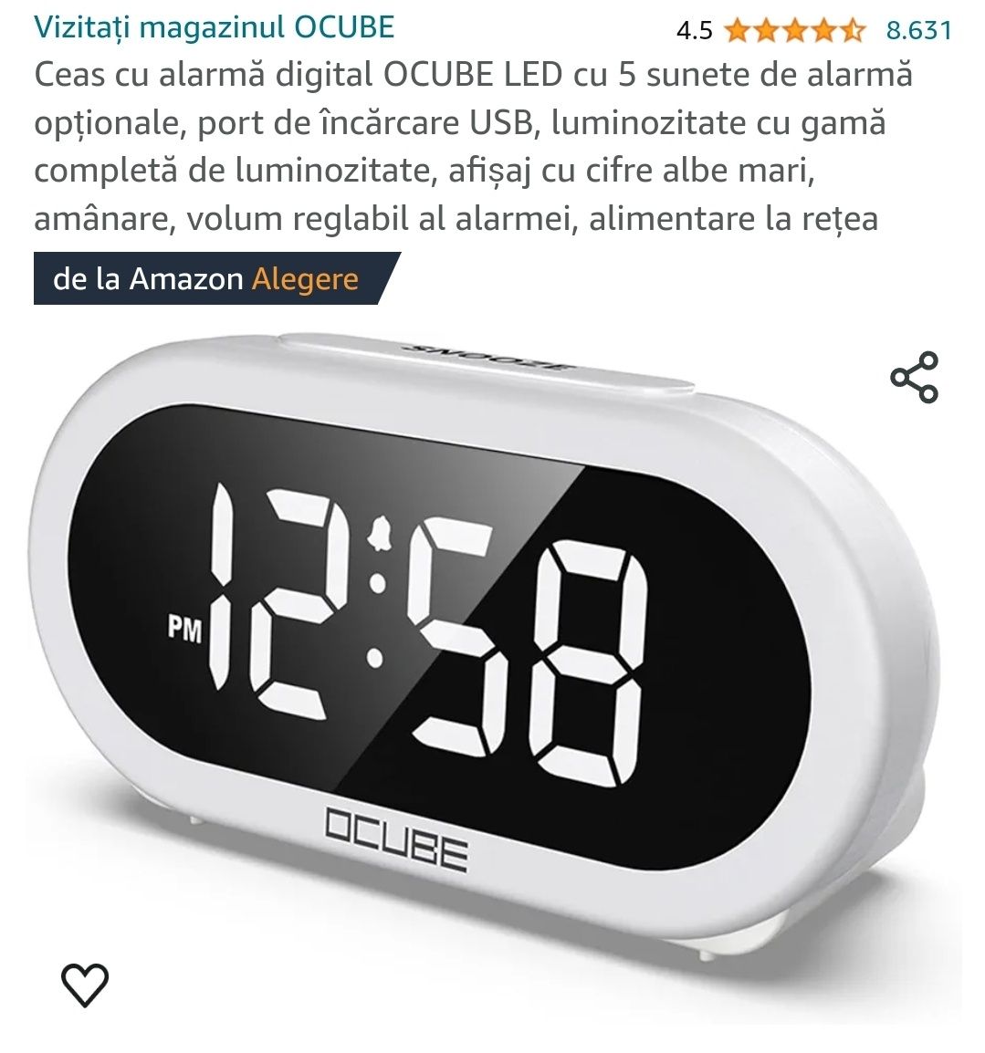 Ceas cu alarmă digital OCUBE LED cu 5 sunete de alarmă opționale, alb