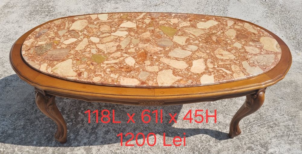 Măsuță cafea / Gheridon vintage din Lemn Masiv / Bronz / Marmura