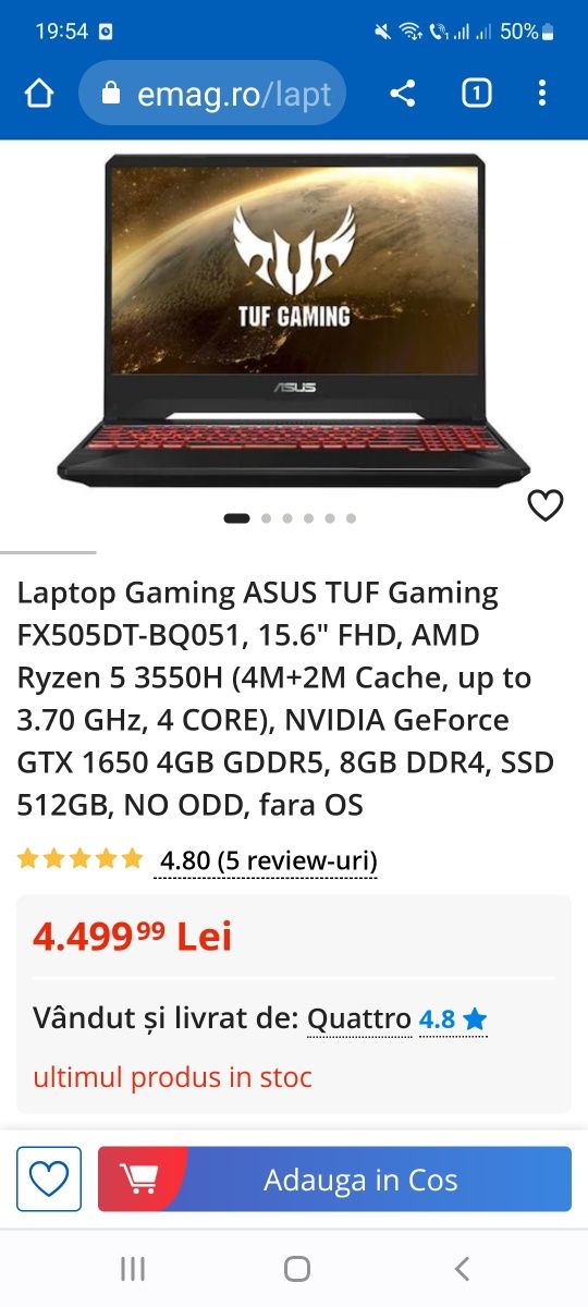 Laptop Gaming ASUS TUF FX505DT (AMD Ryzen 5 3550H, GeForce® GTX 1650)