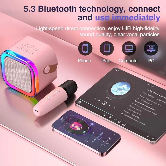 Boxa Karaoke pentru copii cu 2 Microfoane Wireless, LED, Bluetooth
