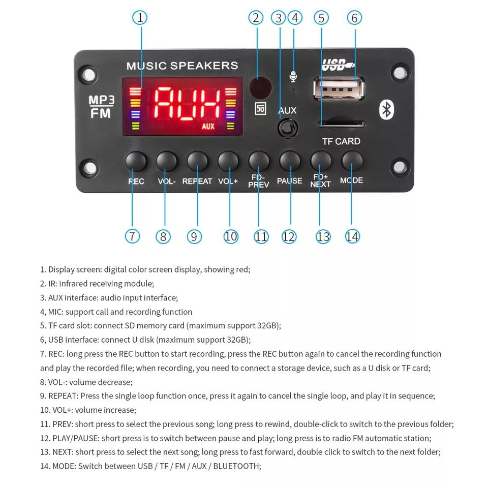 MP3 Player 2*25W, DC 7V- 15V, BT 5.0 папки, TF card, Mic, AUX, Fm, USB