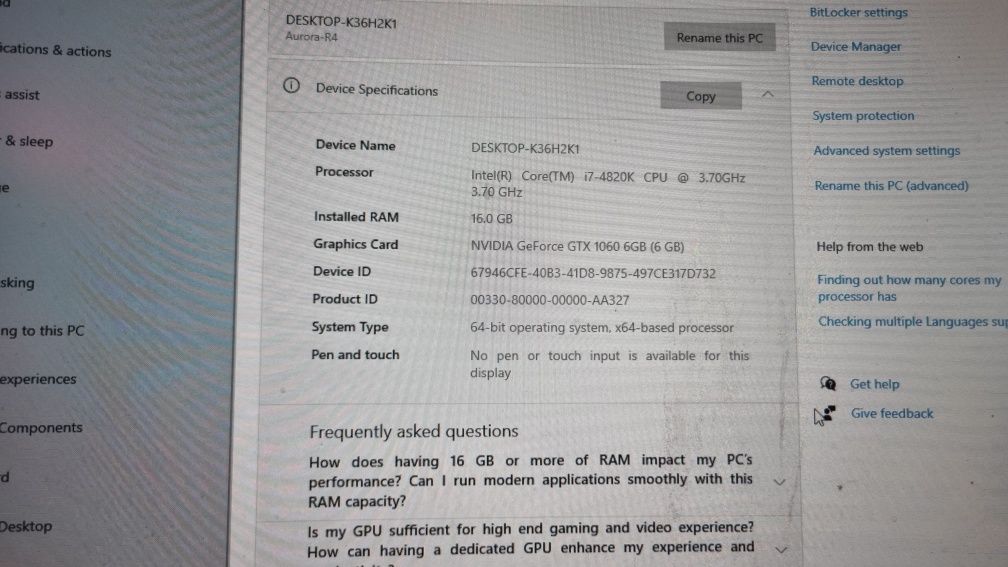 Calculator / pc gaming Alienware Aurora r4 i7 4820k si gtx 1060
