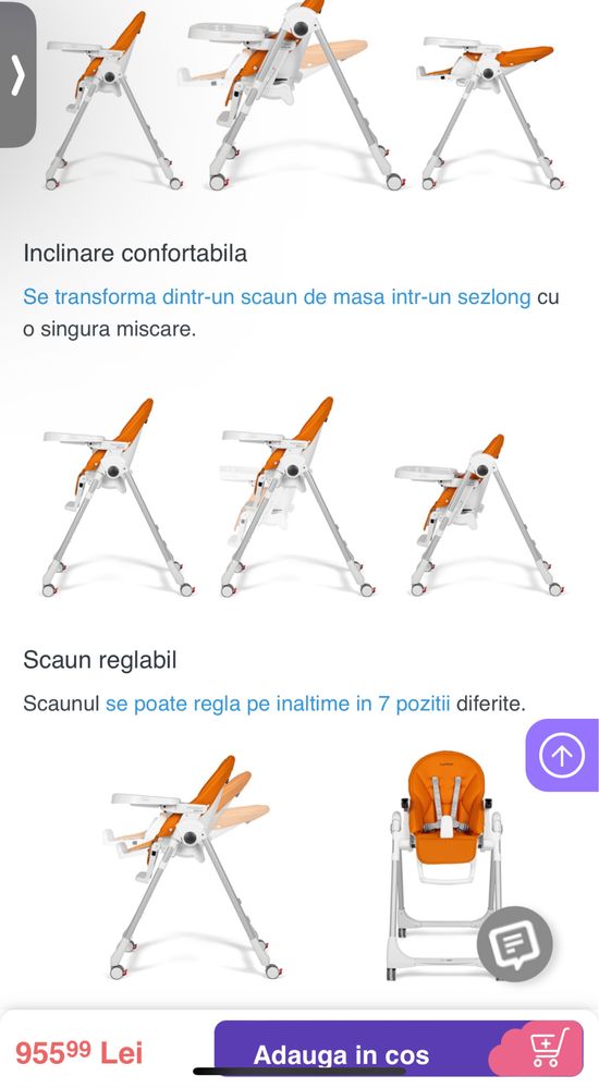 Peg Perego - Scaun de masa Prima Pappa Zero Follow Me, Ice