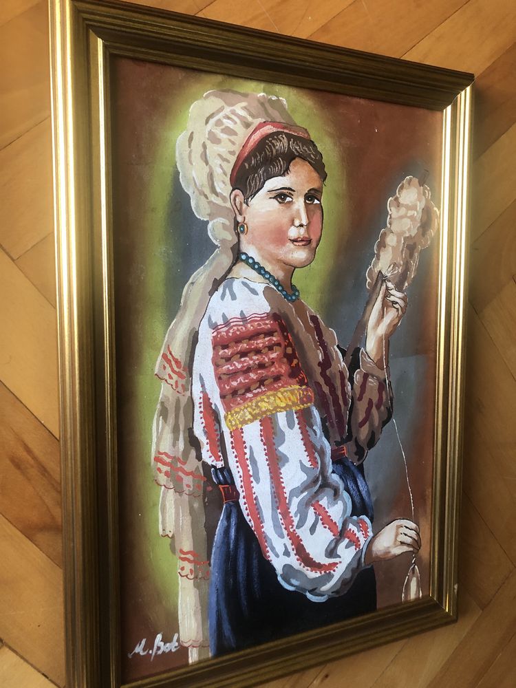 Tablou,pictura romaneasca  in ulei pe panza,taranca torcand