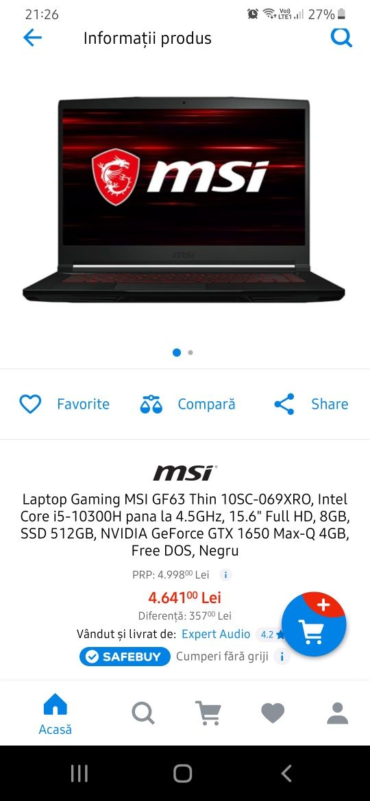 Vand laptop gaming msi. 4gb placa video 16gb ram