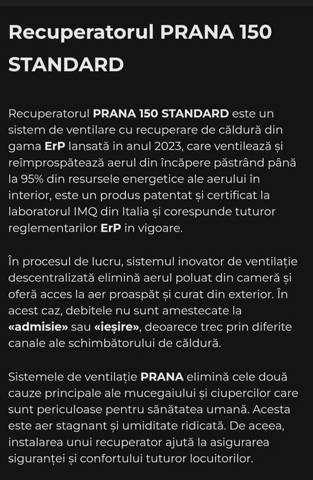 Sistem de ventilare Prana 150 Standard cu recuperare de căldură