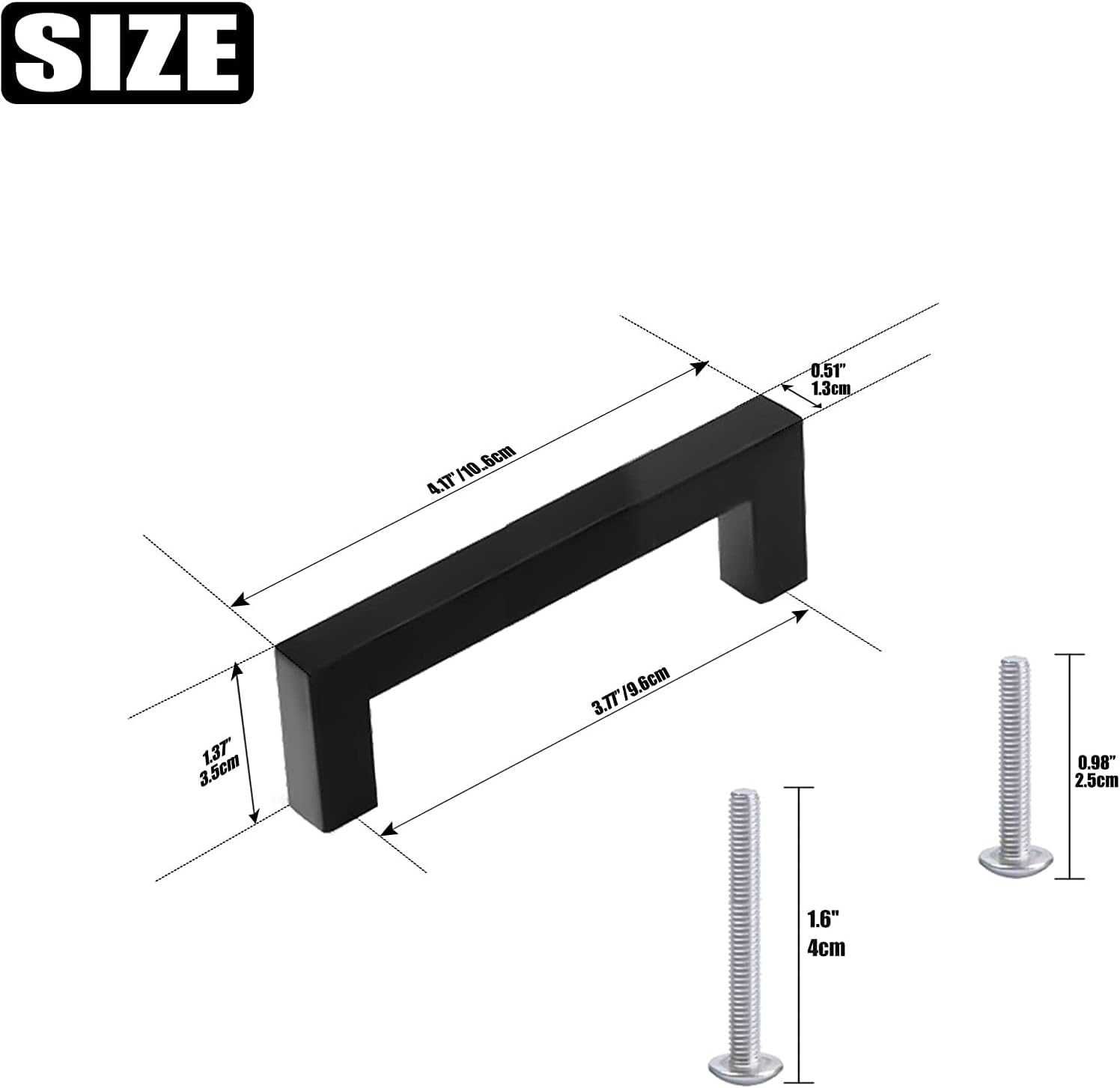 Set 10 manere patrate mobila, otel inoxidabil, negru, 107 mm lungime