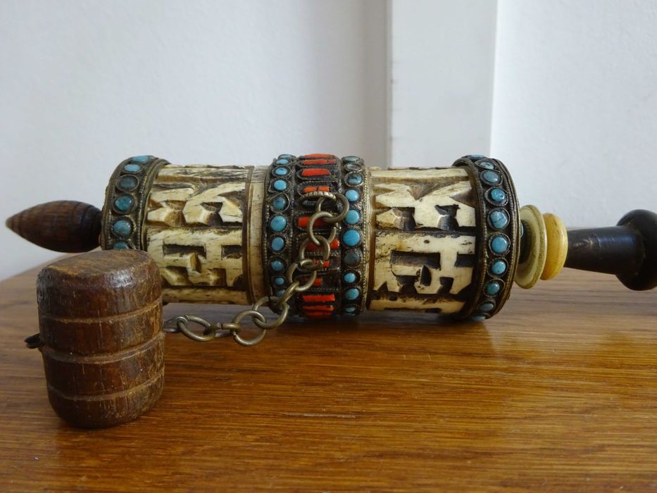 Roata Tibetana cu Mantra, Coral si Turcoaz - Piesa Veche Budista