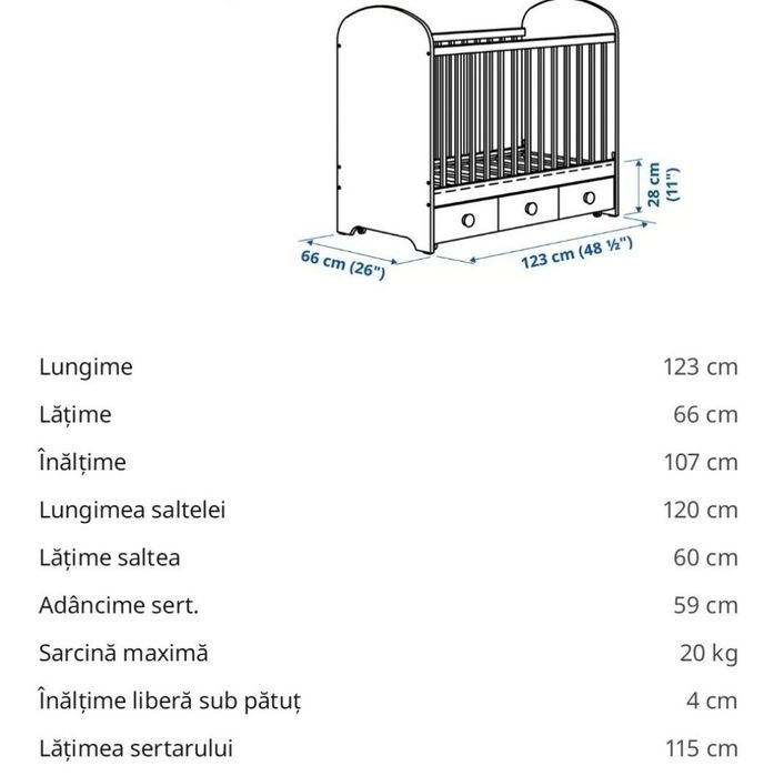 Pătuț din lemn cu sertar + saltea nouă