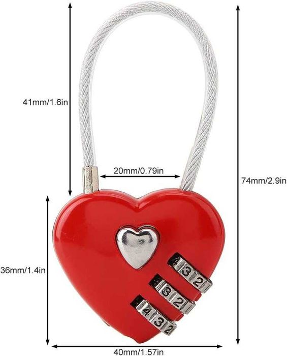 Lacat de calatorie in forma de inima 3 cifre resetabile rosu 4x8 cm