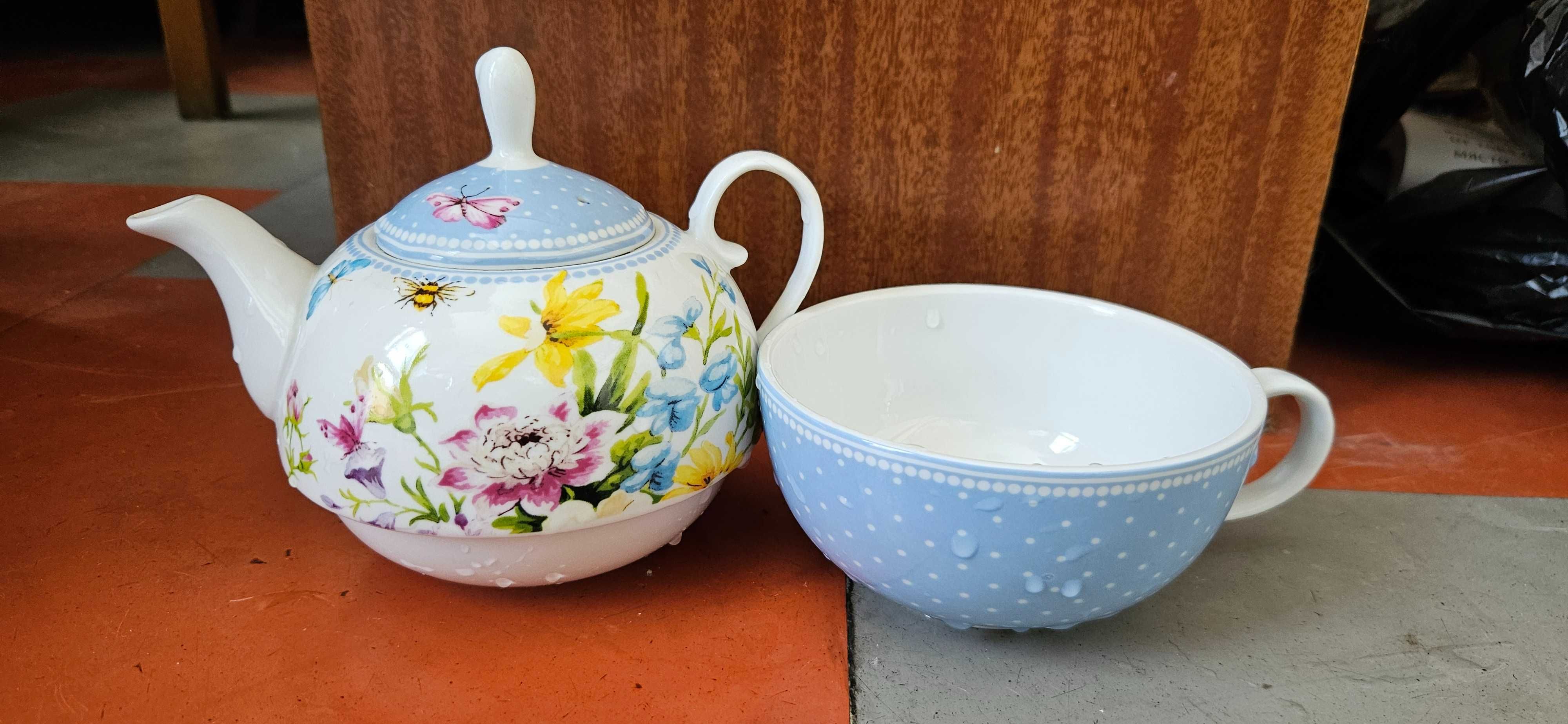 Син чайник + чаша порцелан Katie Alice English Garden Tea for One