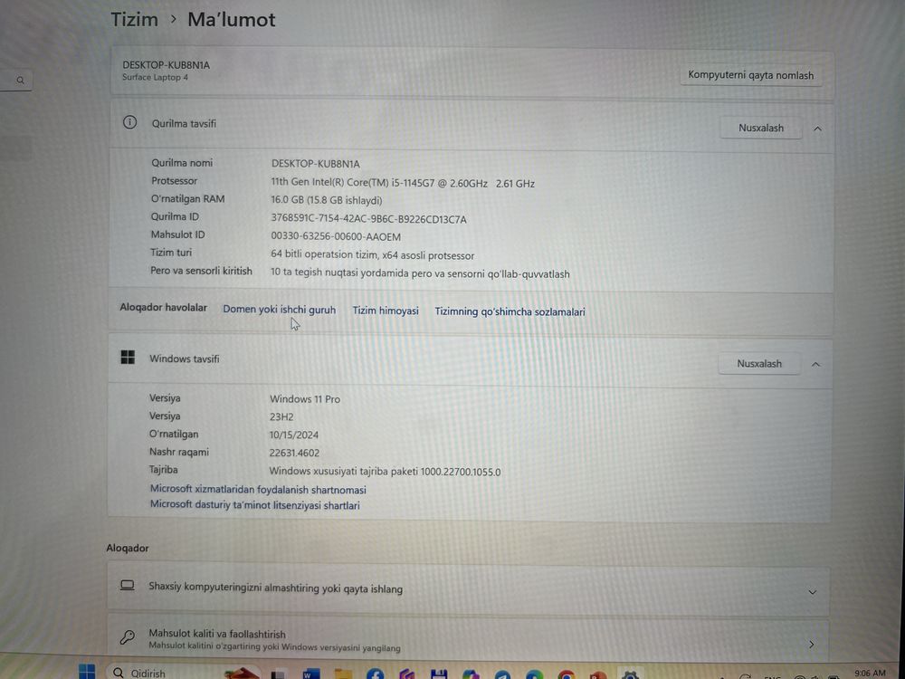 Micrasoft Surface Laptop (i5-1245U/256GB SSD)  Windows 11 Pro  23H2