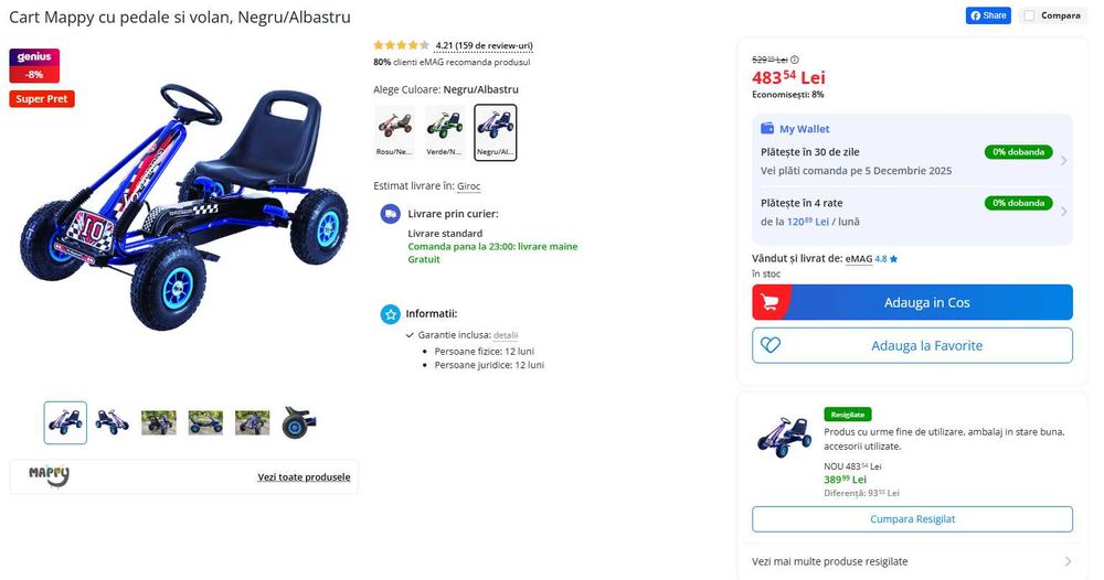 Cart Mappy cu pedale si volan, Negru/Albastru