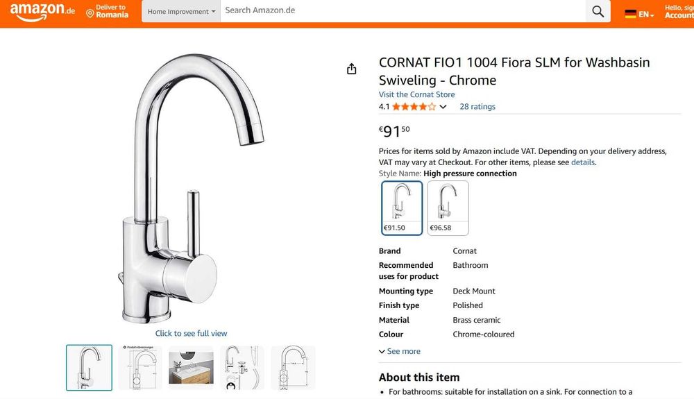 Baterie CORNAT FIO1 1004 Fiora SLM pentru chiuvetă pivotantă - Crom