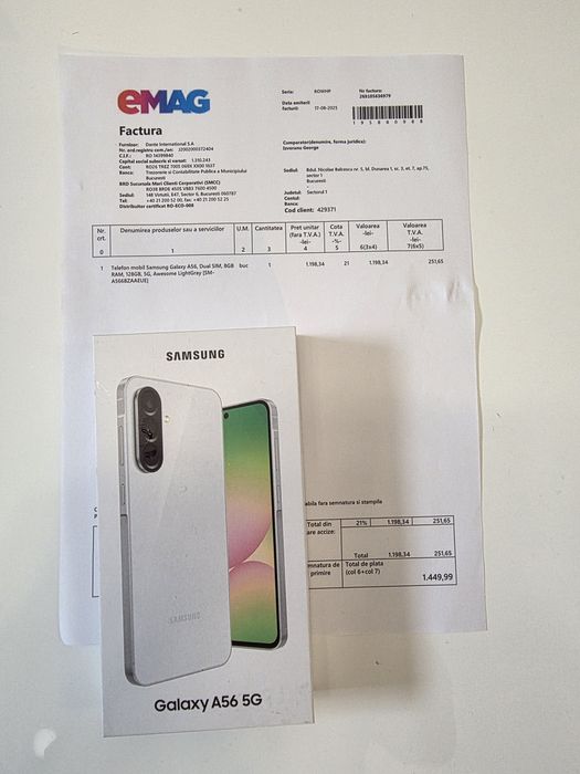 Samsung A56 5G LightGray 128Gb NOU Sigilat Factură 2 ANI GARANȚIE