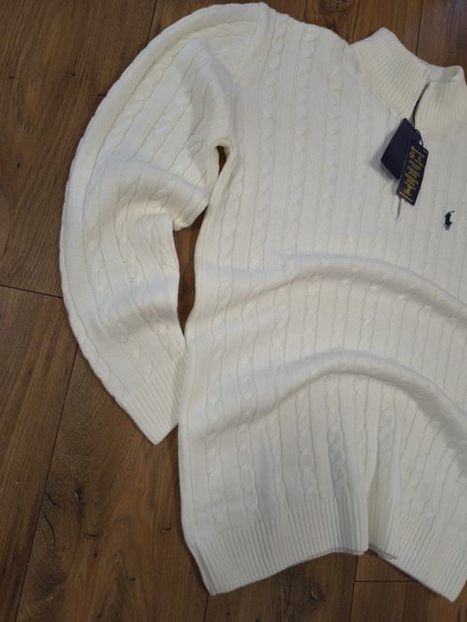 Pulover clasic, cable knit, half zipper, RL, cozy, alb-unt