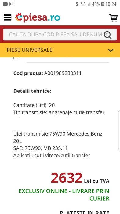 Ulei cutie de transfer Mercedes Benz MB235.11, 75W90-20L